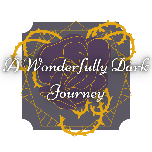 Wonderfully Dark Journey logo with dark grey background, purple rose, surrounded by golden thorns and polygon